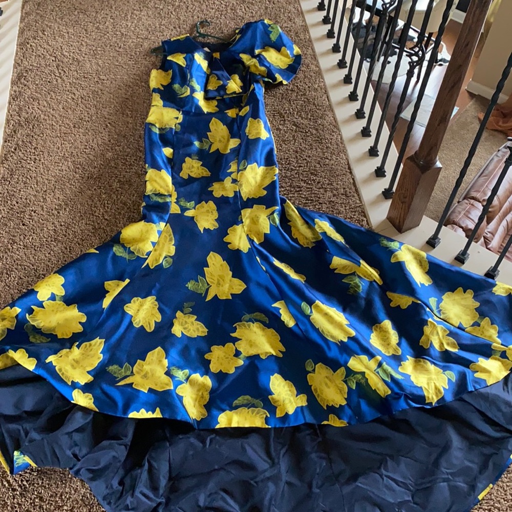 Sleeveless Royal Blue and Yellow Gown with Train